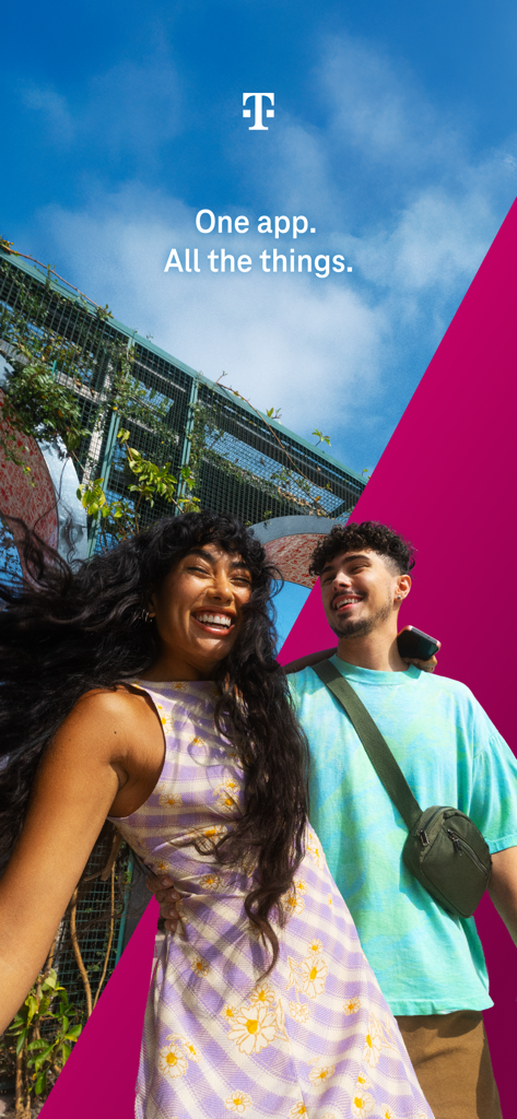 A smiling couple outdoors with the T-Mobile logo and slogan One app All the things