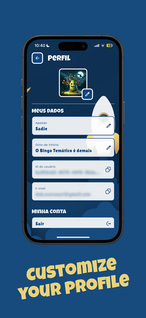 Themed Bingo - Pantalla de personalización de perfil de usuario en la aplicación Bingo Temático con configuraciones de apodo y grito de victoria.