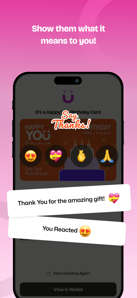 YOUGotaGift - A mobile phone displaying the YOUGotaGift app interface for reacting to and thanking a gift sender with emojis and text.