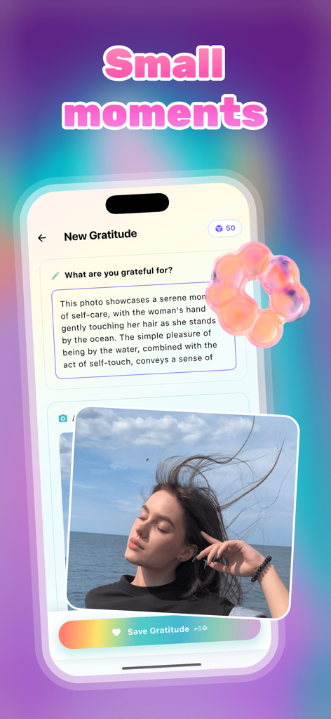 JoyLog app interface showing a gratitude entry with a personal photo and reflective text.