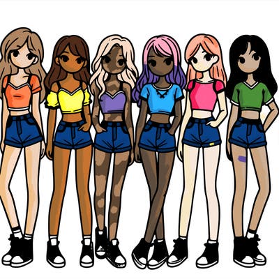 a group of girls wearing crop tops and shorts