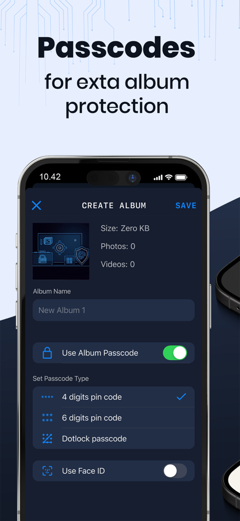 Photo Vault - SmartSafe - Una pantalla de smartphone mostrando la configuración de seguridad del álbum, incluyendo códigos PIN de 4 o 6 dígitos, bloqueo de puntos y opciones de FaceID.