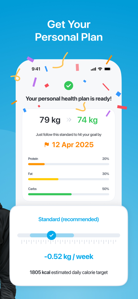 CScore: Calorie & Food Tracker - CScore app screenshot showing a personalized weight loss plan with daily calorie targets and macro distribution