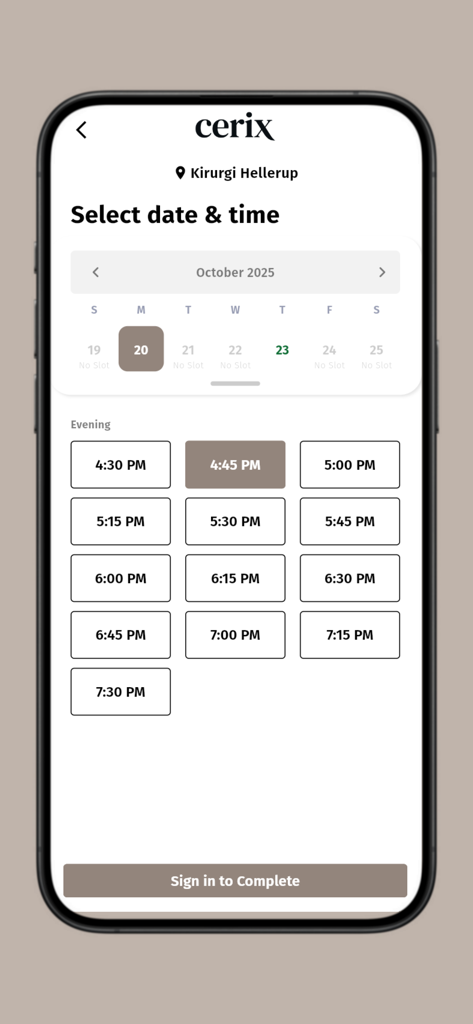 CeriX - Pantalla de la aplicación móvil que muestra la selección de fecha y hora para reservar un tratamiento estético en la clínica CeriX.
