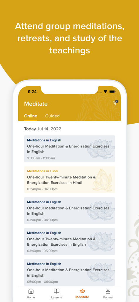 Captura de pantalla de la aplicación SRF YSS que muestra una lista de meditaciones grupales en línea diarias y ejercicios de energización