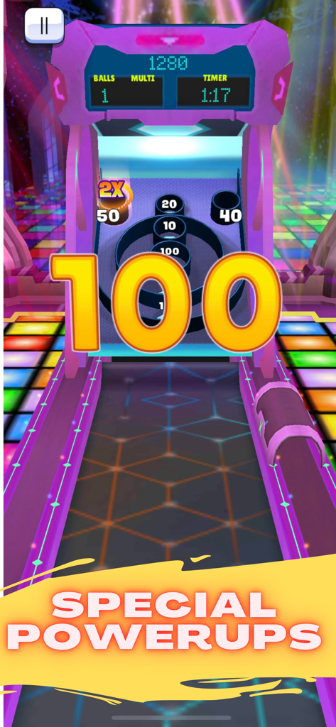 Arcade Bowling Money Games 3D - A 3D arcade skee-ball machine in a neon setting featuring a special powerups multiplier and scoring gameplay