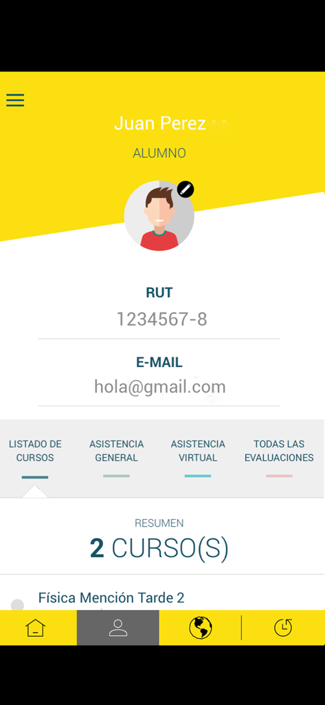 Preu PDV - Student profile screen in the Preu PDV app showing personal identification and list of enrolled courses