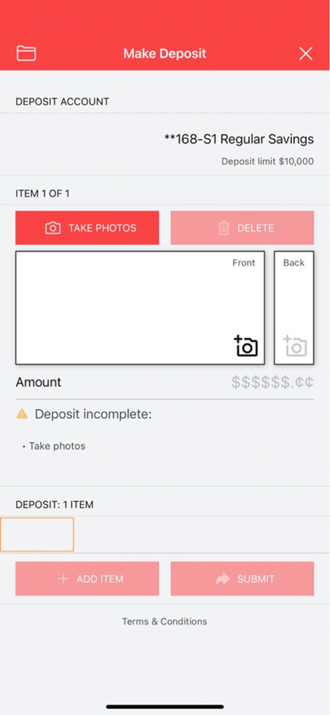 Interface of the Self-Help Federal Credit Union mobile app showing the mobile check deposit feature with placeholders for check photos