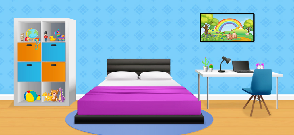 Doll Home: ASMR Cleaning Games - A clean and organized dollhouse bedroom with a pink bed and toys