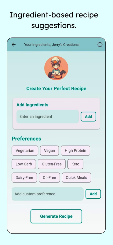 Healthyhold - Tela do aplicativo HealthyHold mostrando sugestões de receitas com base em ingredientes e preferências dietéticas