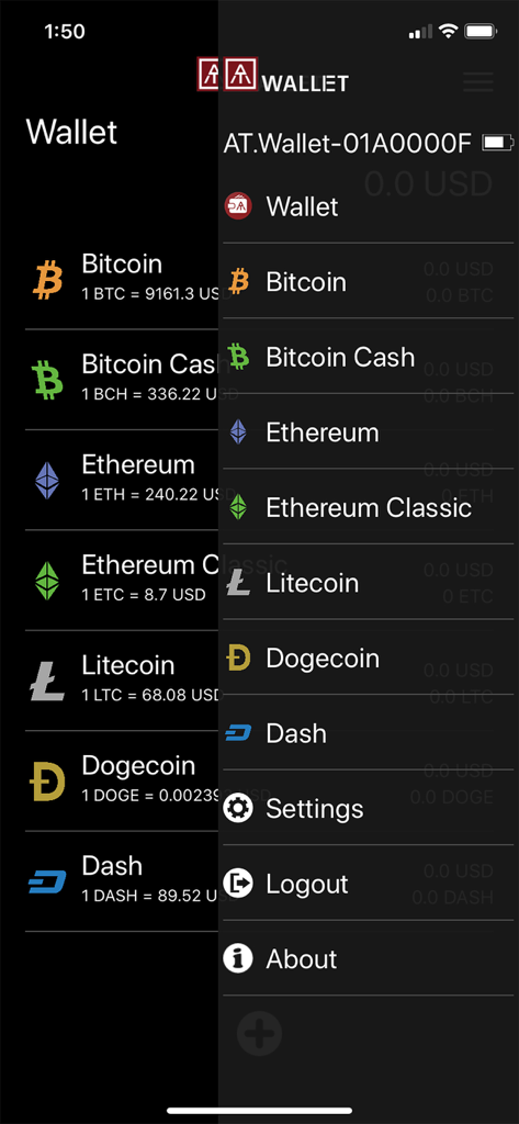 AT.Wallet - Interface do aplicativo AT.Wallet mostrando um menu lateral com várias criptomoedas suportadas e configurações.