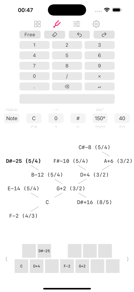 Composer Lab - Microtonal tuning interface in Composer Lab showing a harmonic lattice with pitch ratios and cent deviations