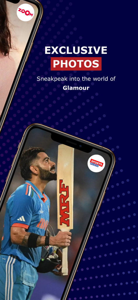 Times Now Network App-Oberfläche mit Promi-Glamour-Nachrichten und Sportberichterstattung über Virat Kohli