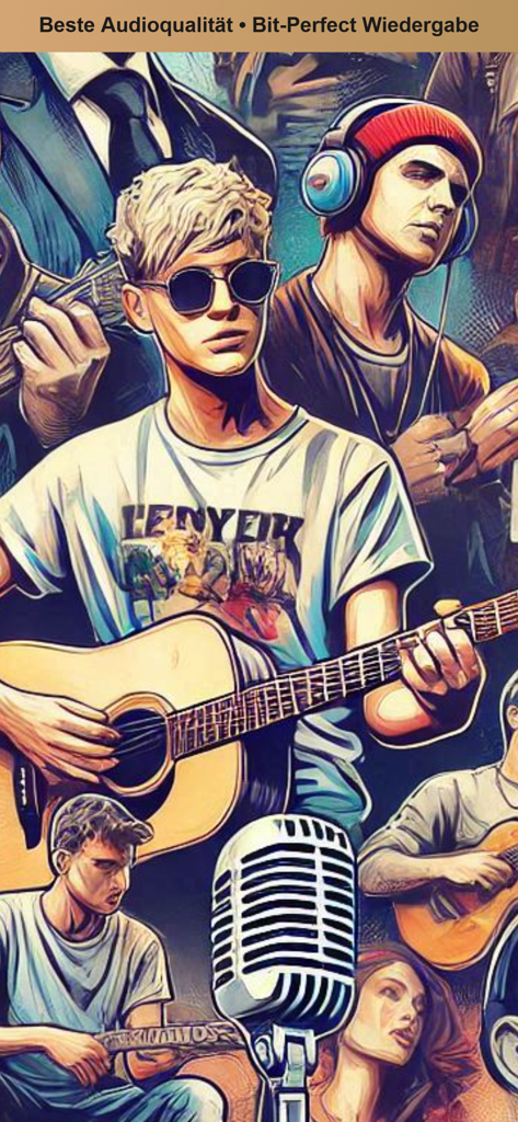 Mother Earth Radio - An artistic illustration featuring musicians and a vintage microphone representing high quality bit-perfect audio playback