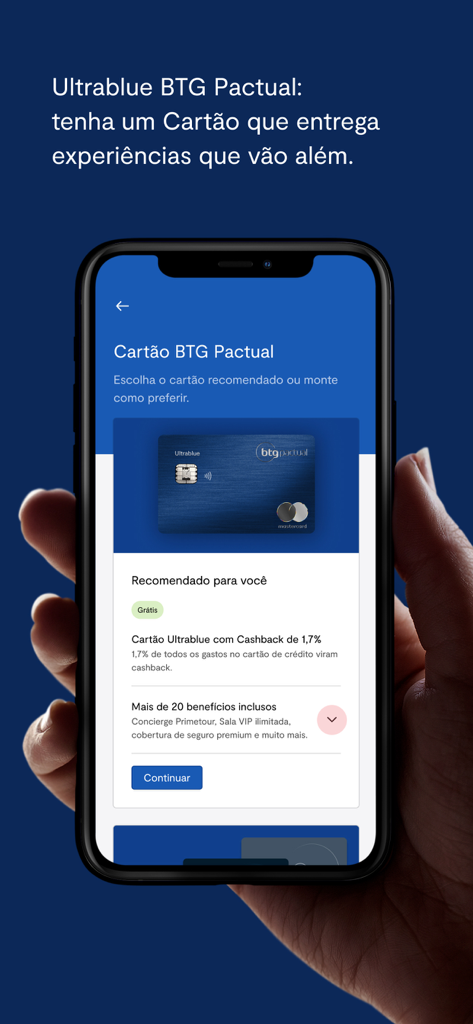 BTG Pactual Banking - BTG Pactual Banking App zeigt die Premium-Kreditkarte Ultrablue und ihre exklusiven Funktionen
