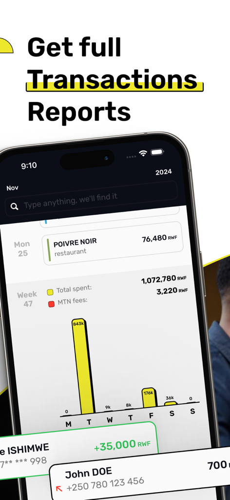 Faranga – Fast Mobile Money - A mobile screen from the Faranga app showing a detailed transaction report with a weekly spending bar chart.