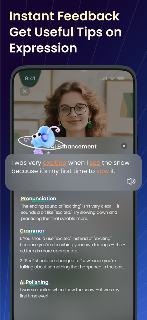 TalkFlow:Speak English Better - Écran de l'application TalkFlow montrant un feedback instantané de l'IA sur la prononciation et la grammaire anglaises.