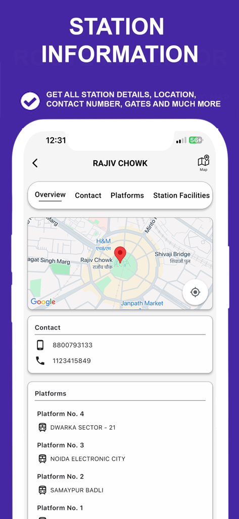 Delhi Metro app screenshot showing Rajiv Chowk station details, map, contact numbers, and platform routes.