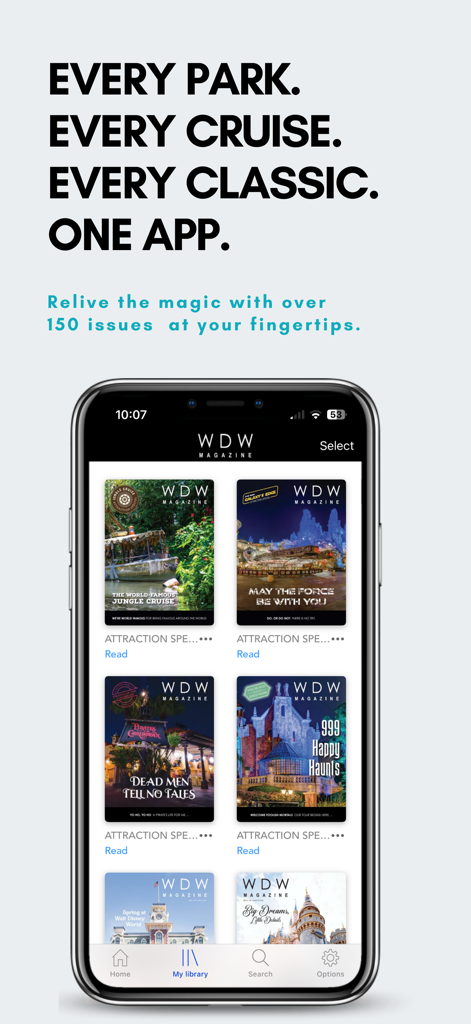WDW Magazine - WDW Magazine app displaying a digital library of Disney themed magazine issues on an iPhone screen.