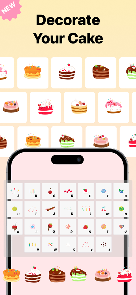 Flower Language - Rozy - Mobile app screen for decorating virtual cakes using a special letter keyboard