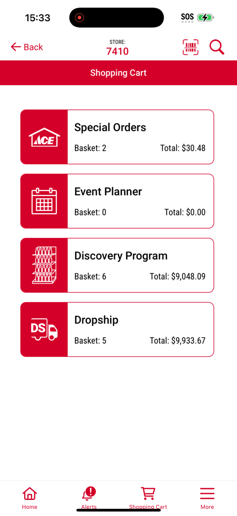 Tela do carrinho de compras do Ace Retailer Mobile Assistant mostrando categorias de pedidos e totais