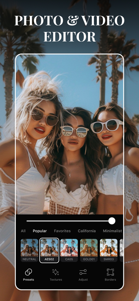 Edith: Presets for Lightroom - Screenshot of the Edith app interface showing aesthetic presets and photo editing tools over a sunny beach photo