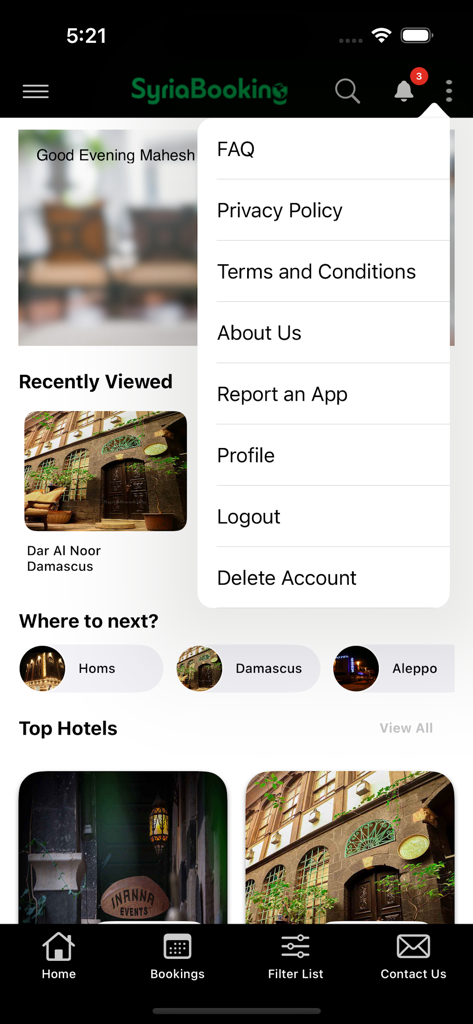 SyriaBooking - SyriaBooking mobile app interface showing the dashboard and an open settings menu with options like Profile and FAQ