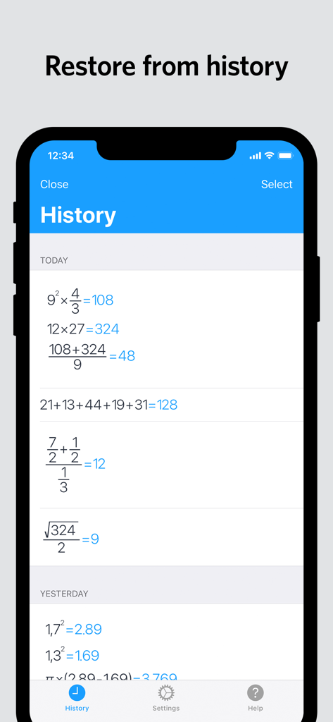 MyScript Calculator history screen showing a list of previous handwritten math calculations and results