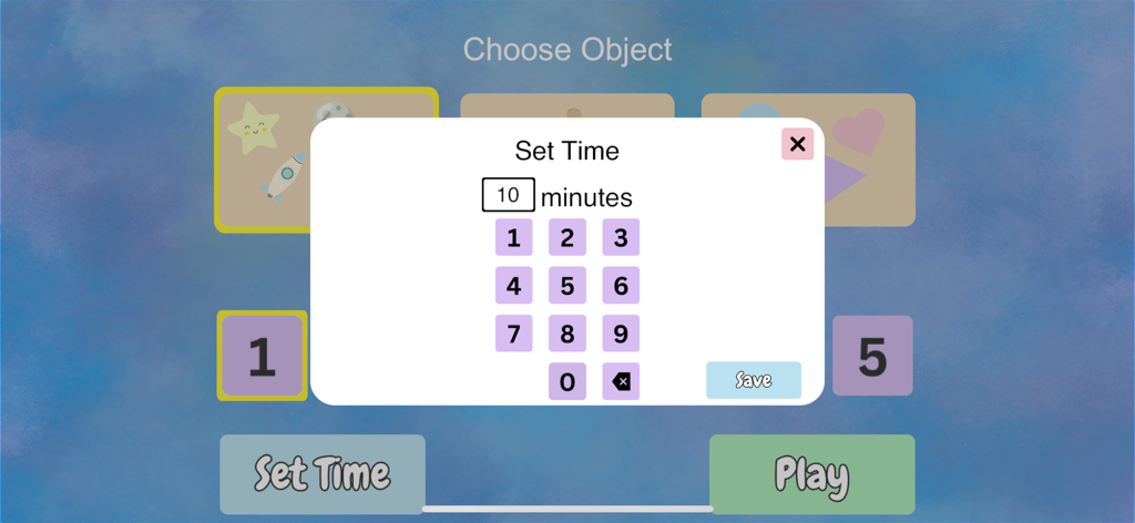Baby Sensory Activities & Game - Screenshot of Baby Sensory app showing a set time popup with a numeric keypad and soft color palette.
