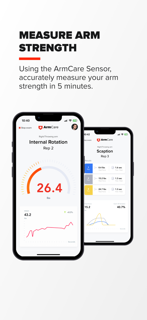 Arm Care - ArmCare app interface displaying rotator cuff strength metrics and internal rotation data for baseball pitchers
