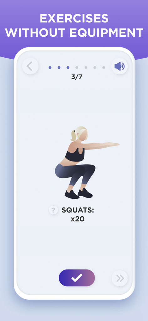 ZuFit: Home Workout for Women - ZuFit mobile app interface showing a woman performing squats as part of a no-equipment home workout