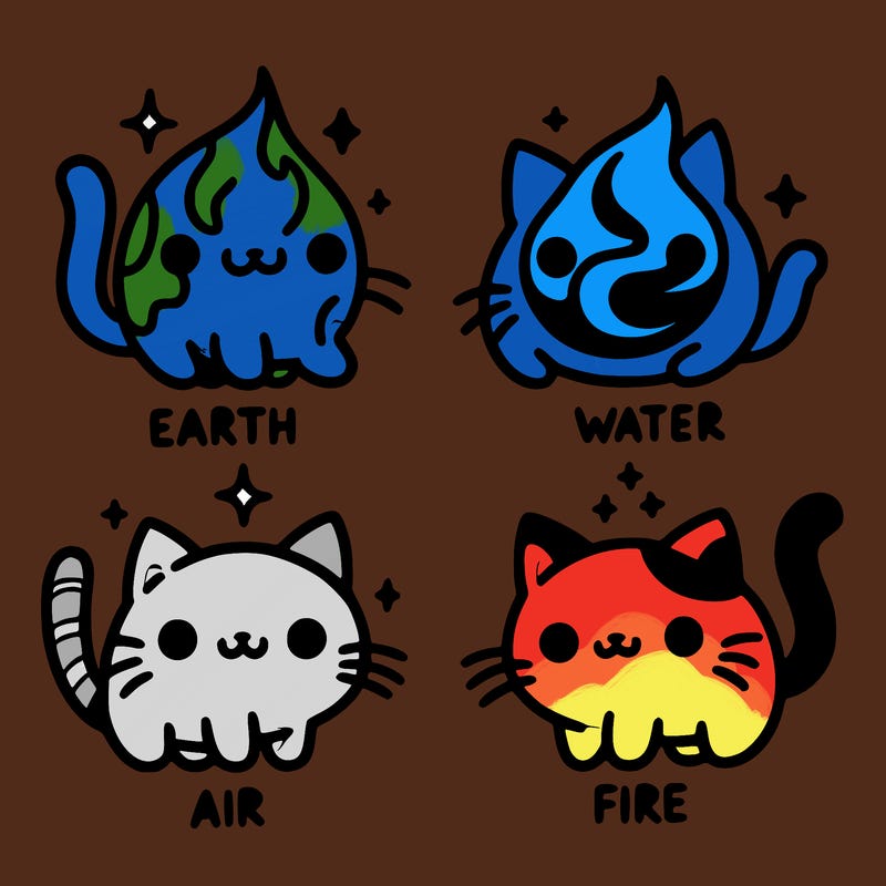 4 cats that represent the different elements, earth, water, air, and fire