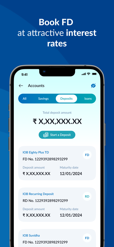 IOB Connect mobile banking app deposits screen showing fixed deposit and recurring deposit details