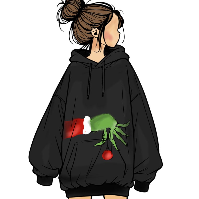 realistic girl with a oversized sweatshirt on and a bun
