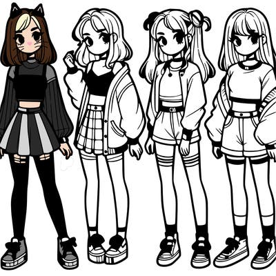 one girl with crop-top shirt and a jacket with a skirt, long socks and another girl with a shirt and pants with a jacket