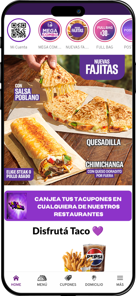 Taco Bell Guatemala - Tela inicial do aplicativo móvel Taco Bell Guatemala apresentando o menu promocional de fajitas e ícones de navegação