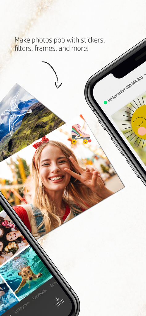 HP Sprocket app interface showcasing photo editing with stickers and filters