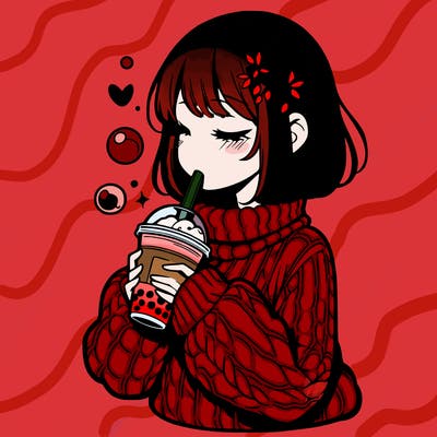 manga girl drinking boba in cozy sweater