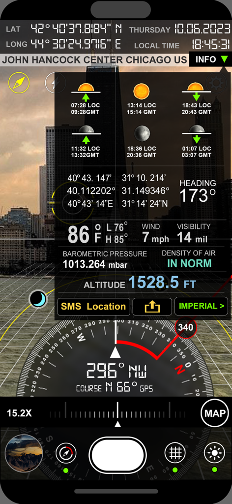 Compass i16 GeoTag GPS Camera - Professional GPS camera interface with compass coordinates altitude and weather data overlay