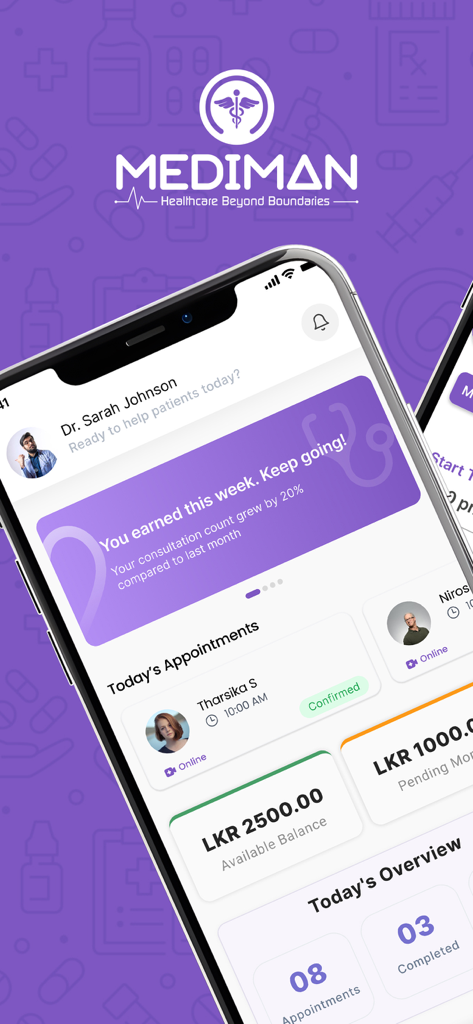 MediMan Doctor - MediMan Doctor mobile app interface showing a doctor dashboard with appointment schedules and earnings overview