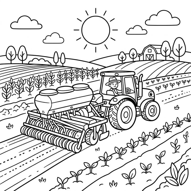 Get ready for an exciting day on the farm with this vibrant coloring page featuring a hardworking farmer and a powerful seed planter. Kids will love bringing this essential farming scene to life with their favorite colors.