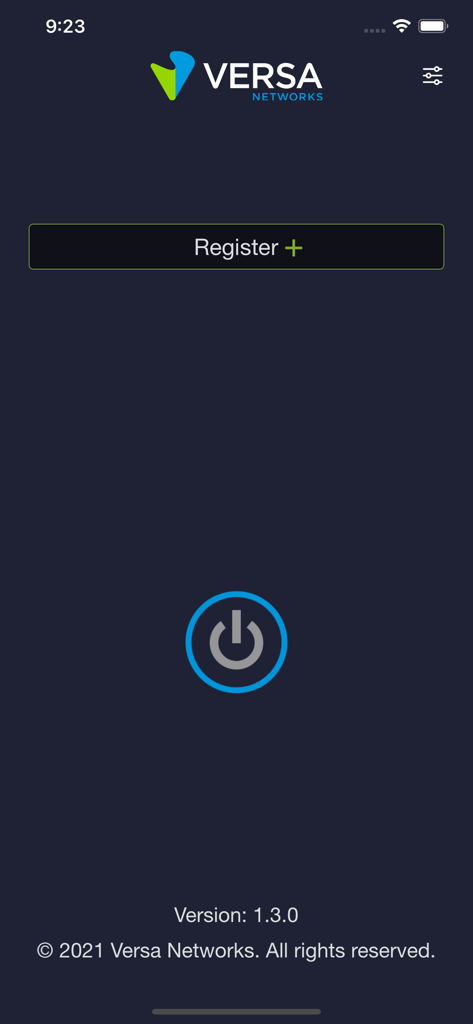 Registration screen of the Versa SASE Client app with a central power icon and register button