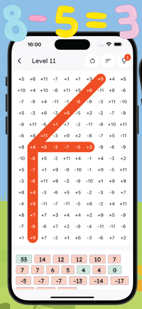 Cross Math: Math Puzzle Games - Capture d'écran du jeu d'énigmes Cross Math niveau 11 montrant une grille de chiffres avec un chemin rouge les reliant