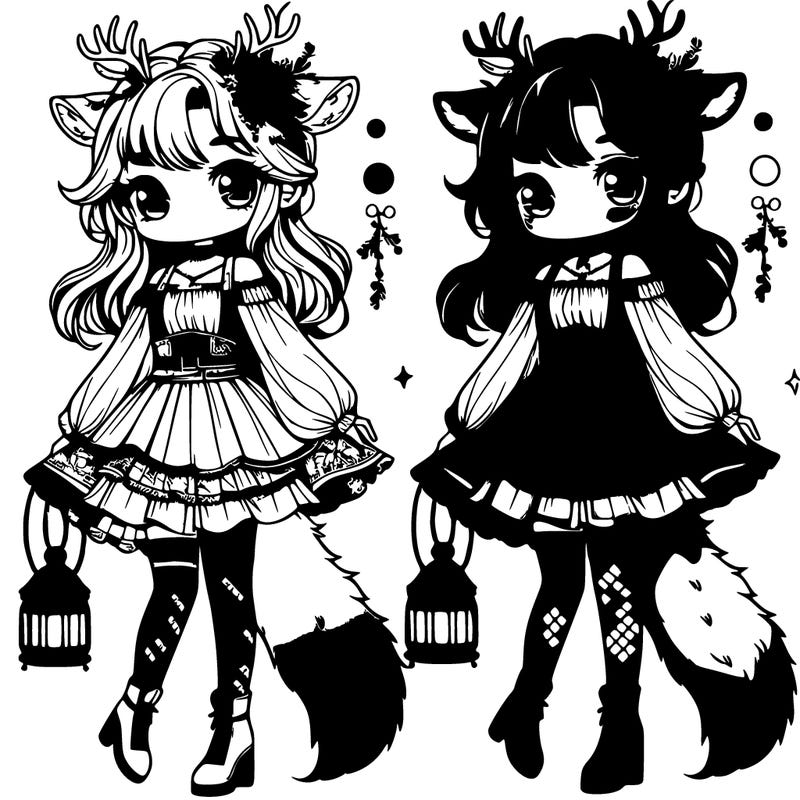 a cute cartoon character in the style of kawai, wearing a offshoulder corset and short skirt with fishnet leggings and high heels, green eyes, fluffy deer antlers, brown hair, ,fluffy dear tail,long hair, long sleeves,holding a latern, gradient, blush