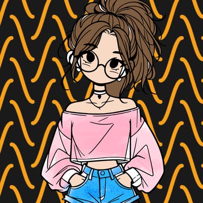 girl with a messy ponytail glasses a baggy crop top and jean shorts