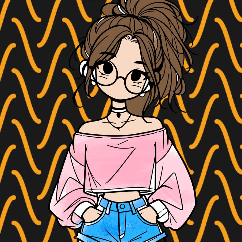 girl with a messy ponytail glasses a baggy crop top and jean shorts