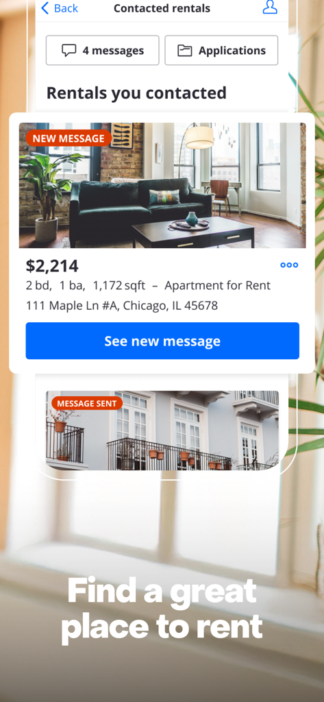 Zillow-App-Oberfläche, die eine Liste der kontaktierten Mietobjekte und neue Nachrichtenbenachrichtigungen für Wohnungen anzeigt.