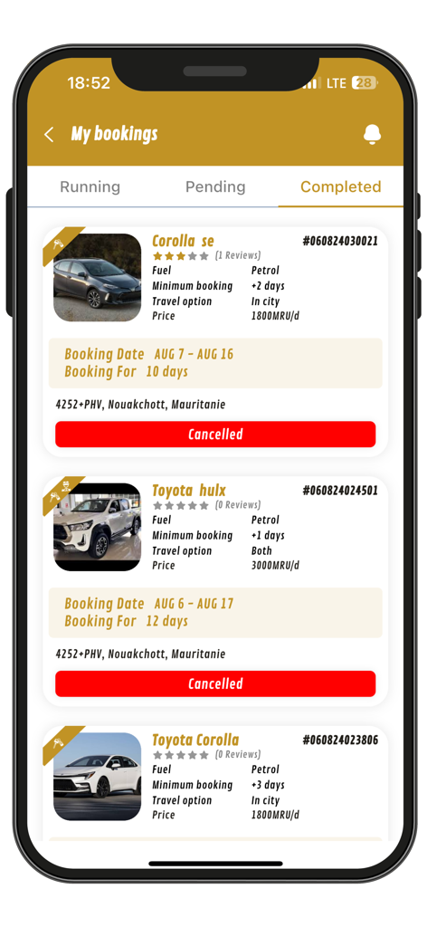 Kriliy Cars 앱 화면, 모리타니에서의 과거 및 취소된 렌터카 예약 목록 표시