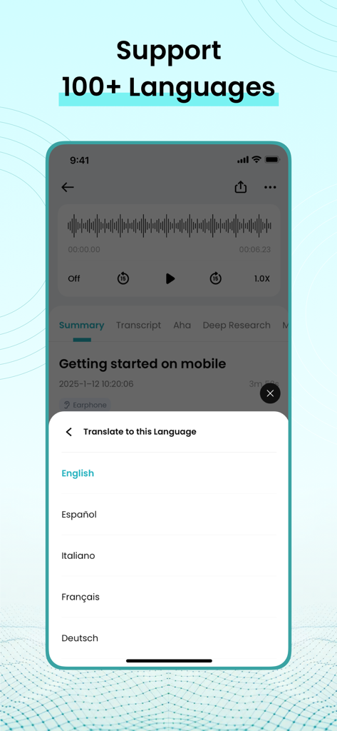 TicNote: AI Recorder & Agent - Schermata dell'app TicNote che mostra il menu di selezione della lingua per la traduzione con opzioni come inglese, spagnolo, italiano, francese e tedesco.
