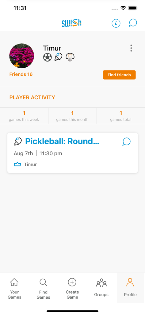 User profile interface of Swish Sports app showing player activity and scheduled pickleball matches